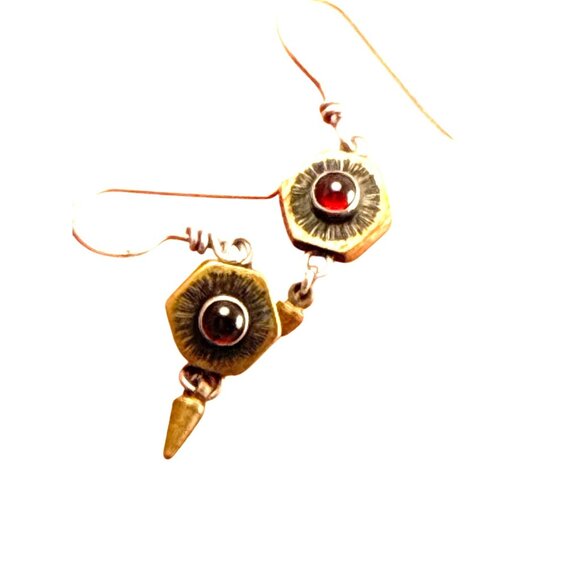 Vintage-Inspired Hexagon Brass Earrings With Red Stones & Engraved PRC Detail - Picture 1 of 7